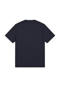 Camiseta de manga corta azul oscuro hecha de algodón, con cuello redondo y espalda lisa sin patrones ni detalles adicionales.