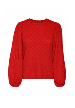 Maglietta rossa a maniche lunghe con scollatura rotonda, caratterizzata da maniche a sbuffo e una vestibilità ampia. Il tessuto presenta un motivo goffrato delicato.