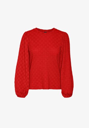 Rode gestructureerde longsleeve top met een ronde halslijn, featuring pofmouwen en een losse pasvorm. De stof heeft een subtiel reliëfpatroon.