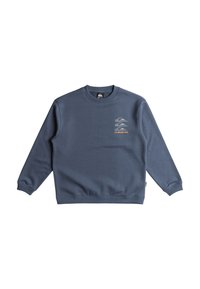 Sudadera azul de mezcla de algodón con cuello redondo, mangas largas, puños acanalados y un diseño gráfico naranja en el frente.