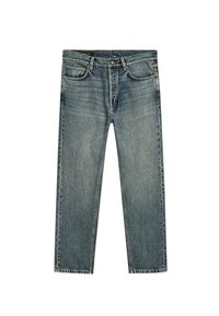 Light blue denim jeans with a straight fit. Features five pockets, belt loops, and subtle fading throughout the fabric.