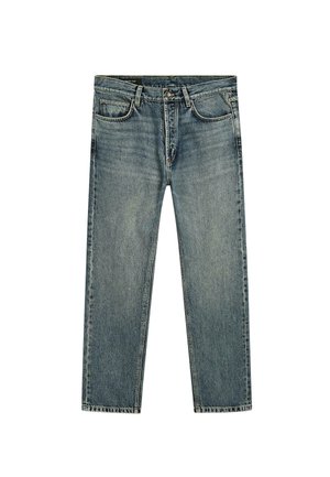 Lichtblauwe denim jeans met een rechte pasvorm. Bevat vijf zakken, riemlussen en subtiele vervagingen door de stof.
