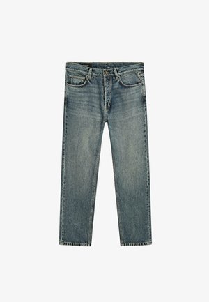 Lichtblauwe denim jeans met een rechte pasvorm. Bevat vijf zakken, riemlussen en subtiele vervagingen door de stof.