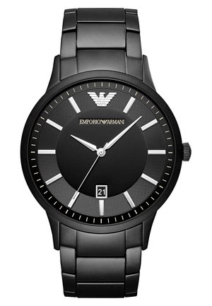 Reloj de pulsera Emporio Armani negro con marcadores de hora plateados, tres agujas, indicador de fecha a las 6 en punto y correa de eslabones metálicos. La hora muestra las 10:10:37.