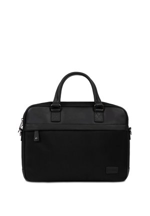 Serviette noire pour ordinateur portable avec doubles poignées, poche avant zippée et patch de marque discret dans le coin inférieur droit.