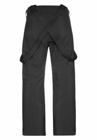 Pantalon imperméable noir avec bretelles croisées réglables attachées à la taille, conçu pour une utilisation extérieure ou professionnelle.