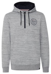 Gray hoodie with quarter zip and navy interior. Features a round logo on the chest and drawstring accents. Made of textured fabric.