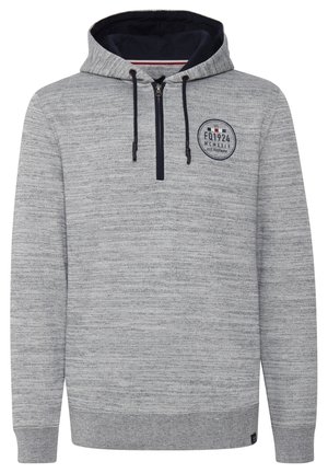 Szürke kapucnis pulóver, negyed cipzárral és tengerész kék belső részel. Kerek logóval rendelkezik a mellkason és zsinóros részletekkel. Textúrált anyagból készült.