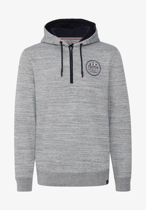 Szürke kapucnis pulóver, negyed cipzárral és tengerész kék belső részel. Kerek logóval rendelkezik a mellkason és zsinóros részletekkel. Textúrált anyagból készült.