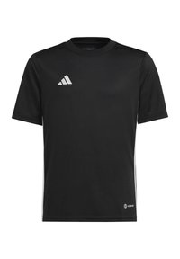 Camisa deportiva de manga corta negra con el logo blanco de Adidas en el pecho y el texto "AEROREADY" cerca del dobladillo inferior.