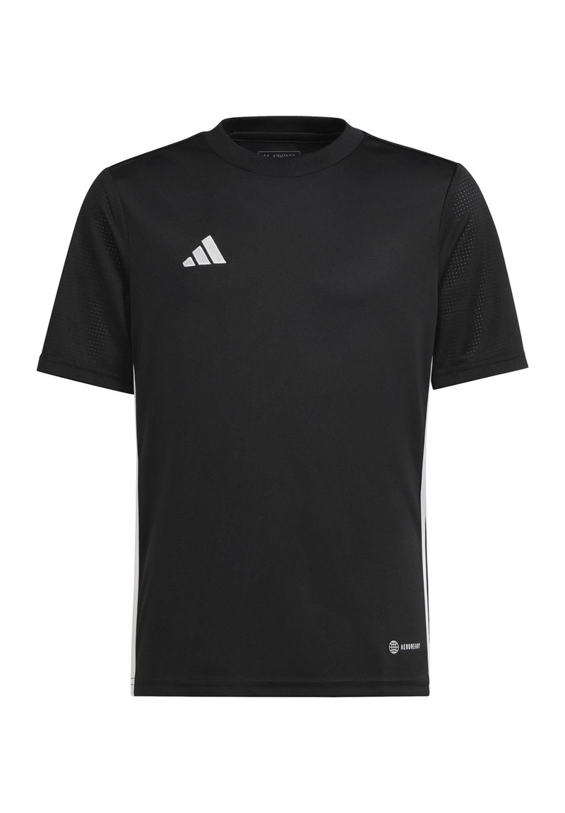 Camisa deportiva de manga corta negra con el logo blanco de Adidas en el pecho y el texto "AEROREADY" cerca del dobladillo inferior.