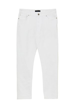 Pantalon en denim blanc à coupe slim, design à cinq poches, fermeture par bouton et texture légère. Tissu lisse avec de subtils détails de couture.