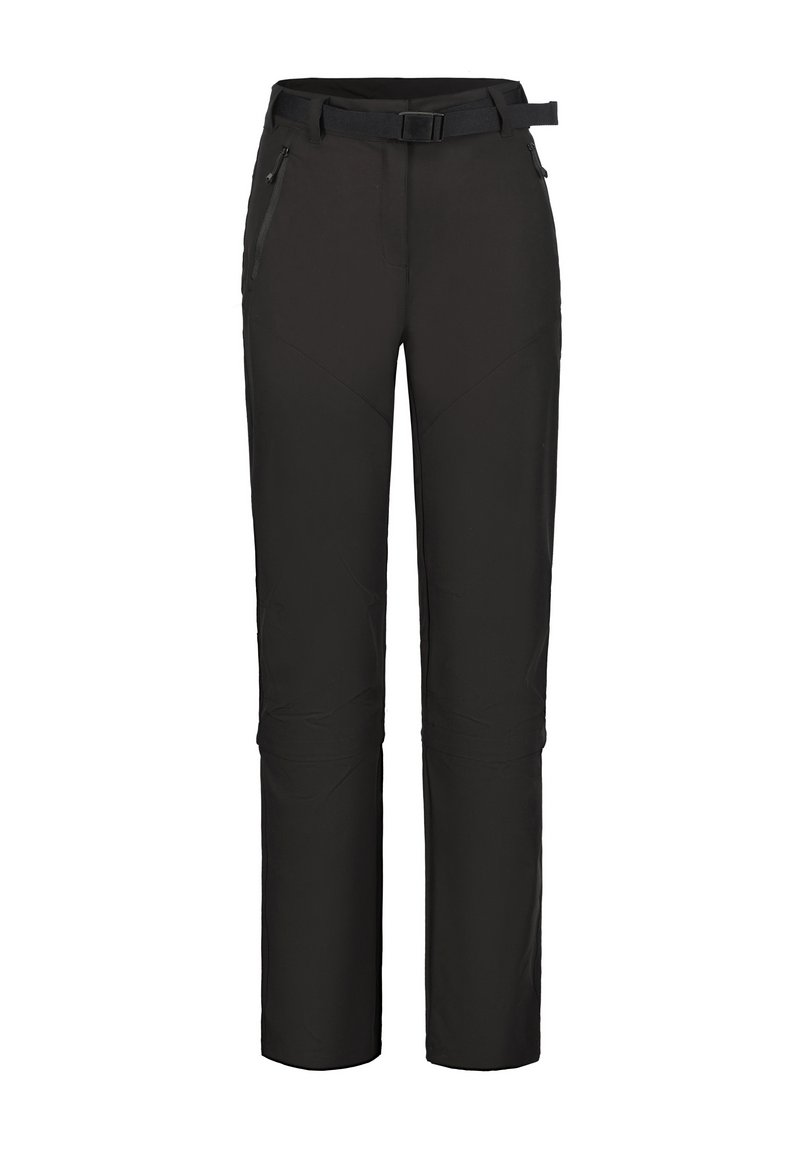 Pantalons d'extérieur noirs en tissu durable, dotés d'une taille ajustée avec une ceinture, de poches latérales zippées et d'un design de jambe fuselée.