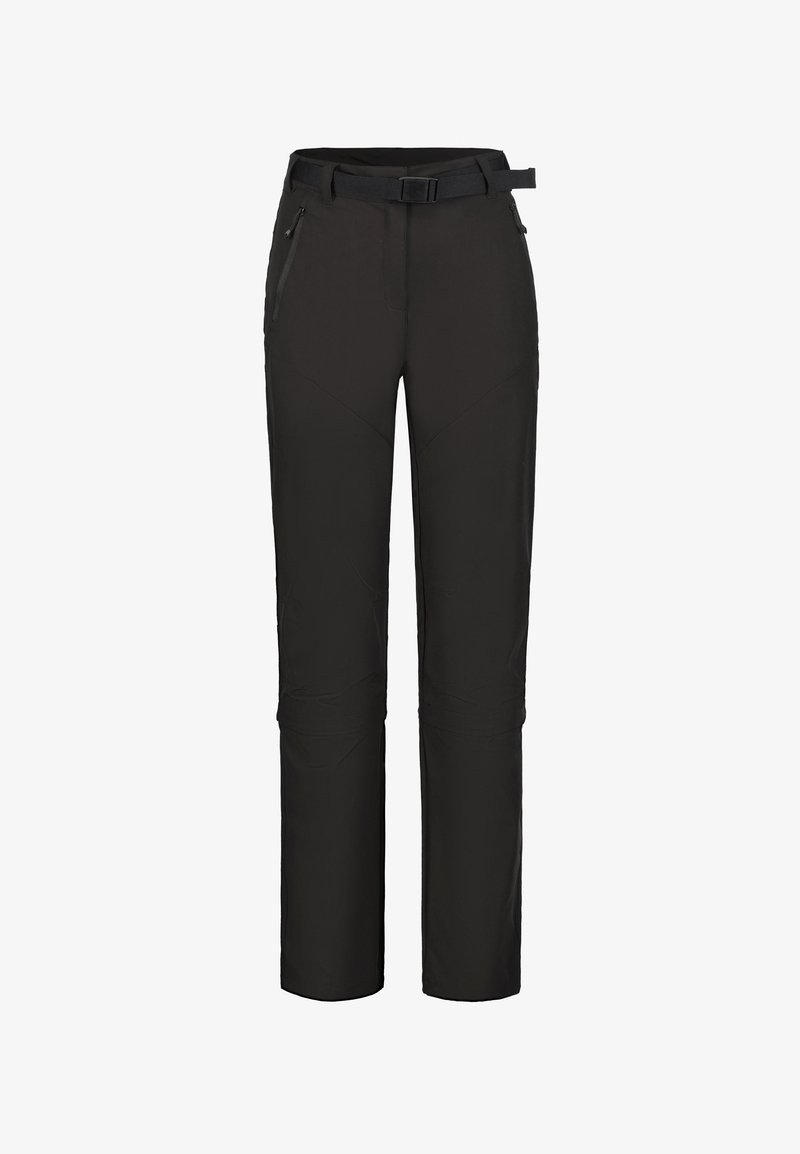 Pantalons d'extérieur noirs en tissu durable, dotés d'une taille ajustée avec une ceinture, de poches latérales zippées et d'un design de jambe fuselée.