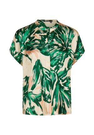 Short-sleeve blouse with green and beige abstract floral print, mandarin collar, and concealed front buttons.