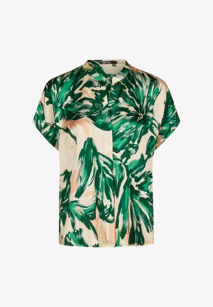 Short-sleeve blouse with green and beige abstract floral print, mandarin collar, and concealed front buttons.