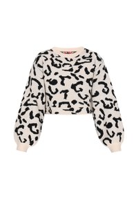Kort sweater lavet af blødt strikstof i beige med et sort abstrakt leopardprint, der har oversize ærmer og en rund halsudskæring.