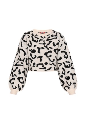 Lühem soe kampsun, mis on valmistatud pehmest kudumiskangast beežis, musta abstraktse leoparditrükiga, millel on ülekaalulised varrukad ja ümmargune kaelus.