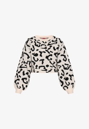 Kort sweater lavet af blødt strikstof i beige med et sort abstrakt leopardprint, der har oversize ærmer og en rund halsudskæring.