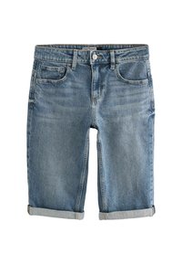 Knee-långa denimshorts i ljusblått, med knappstängning, fem fickor och upprullade fållar. Mjuk textur med lätt blekning.