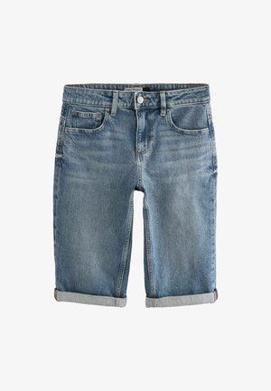 Knee-length denim lühikesed püksid helesinisest kangast, millel on nupuga sulgemine, viis taskut ja volditud ääred. Pehme tekstuur kergelt tuhmumisega.
