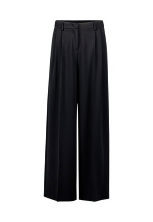 Zwarte wijde broek met riemlussen en plooien aan de voorkant, ontworpen voor een losse en comfortabele pasvorm.