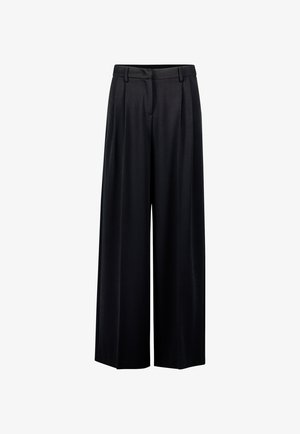 Black wide-leg trousers with belt loops and front pleats, designed for a loose and comfortable fit.