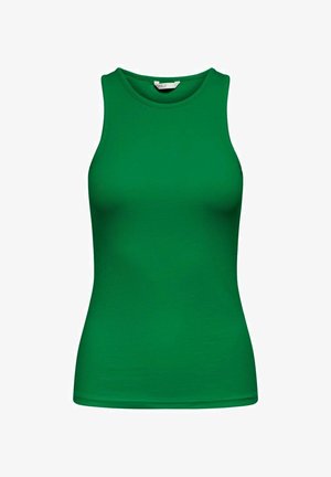 Top sin mangas verde, hecho de tejido acanalado. Presenta un escote redondo y un ajuste ceñido, sin patrones ni acentos adicionales.