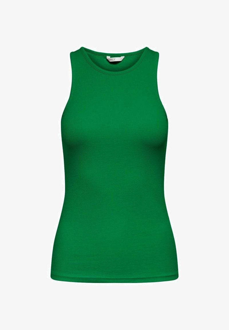 Top vert sans manches en tissu côtelé. Présente un col rond et une coupe ajustée, sans motifs ni accents supplémentaires.