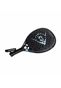 Racchetta da padel Dunlop con superficie nera a forma esagonale testurizzata, dettagli azzurri chiari e impugnatura affusolata con cinturino per il polso.
