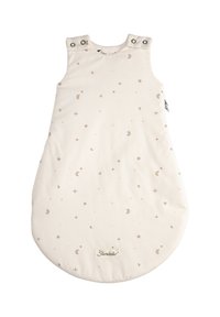 Cremfarbener Babyschlafsack mit Stern- und Mondmustern, ausgestattet mit Druckknöpfen an den Schultern und einem seitlichen Reißverschluss für einen einfachen Zugang.