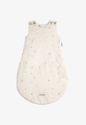 Cremfarbener Babyschlafsack mit Stern- und Mondmustern, ausgestattet mit Druckknöpfen an den Schultern und einem seitlichen Reißverschluss für einen einfachen Zugang.