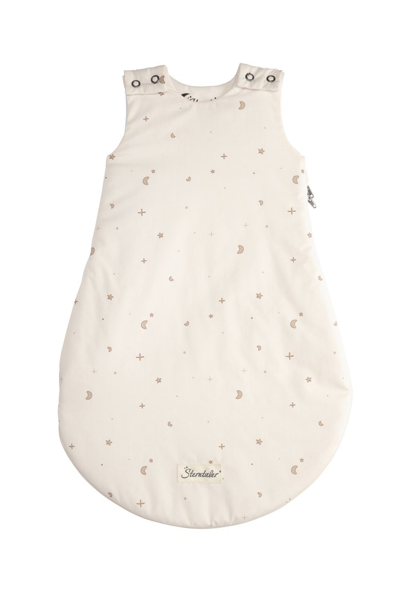 Cremfarbener Babyschlafsack mit Stern- und Mondmustern, ausgestattet mit Druckknöpfen an den Schultern und einem seitlichen Reißverschluss für einen einfachen Zugang.
