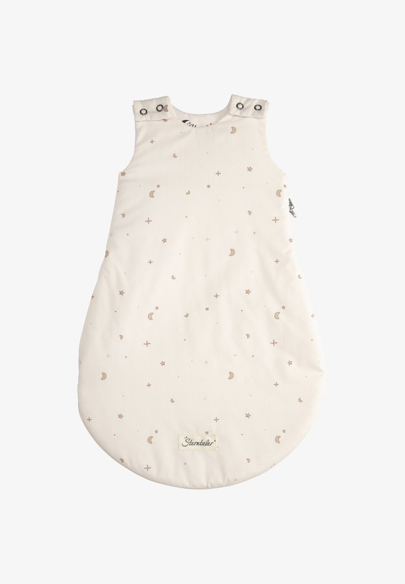 Cremfarbener Babyschlafsack mit Stern- und Mondmustern, ausgestattet mit Druckknöpfen an den Schultern und einem seitlichen Reißverschluss für einen einfachen Zugang.