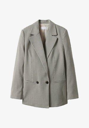 Dwurzędowa marynarka w kratę z szerokimi klapami, dwoma czarnymi guzikami i długimi rękawami w beżowo-czarny wzór.