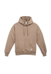 Beige hooded sweatshirt made of soft fabric, featuring a front pouch pocket, ribbed cuffs, and a small logo tag at the hem.