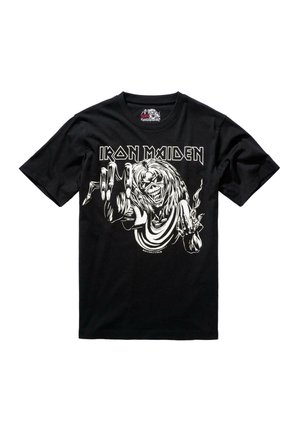 Black cotton t-shirt featuring a large white graphic of a skeletal figure with long hair, holding up a hand, with "IRON MAIDEN" text above.