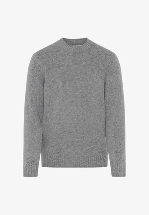 Grijze gebreide trui met een ronde halslijn, geribde manchetten en zoom. Heeft een subtiel flekpatroon door de stof.