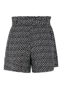 Shorts noirs avec un motif comportant des formes blanches, taille élastique, larges ouvertures de jambes et poches latérales pour plus de fonctionnalité.