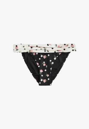 Chiloți de bikini negri cu model de trandafir roz și buline albe, cu talie albă pliabilă, cu imprimeuri florale și de litere asortate.
