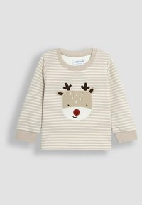 Beige langetermijn shirt met witte strepen en een rendier gezicht appliqué, compleet met bruine gewei en een rode neus. Zachte stof.