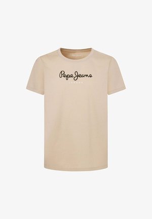 Smėlinė trumpomis rankovėmis marškinėliai, pagaminti iš minkštos medvilnės, su juodu "Pepe Jeans London" logotipu ant krūtinės ir apvaliu kaklu.