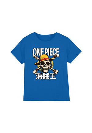 Blue cotton T-shirt featuring a graphic design of a skull with a straw hat and crossed bones, with text reading "ONE PIECE" in bold white letters.