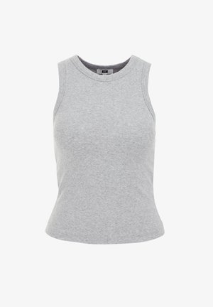 Light gray sleeveless top with a ribbed texture, round neckline, and a fitted silhouette. No visible logos or patterns.