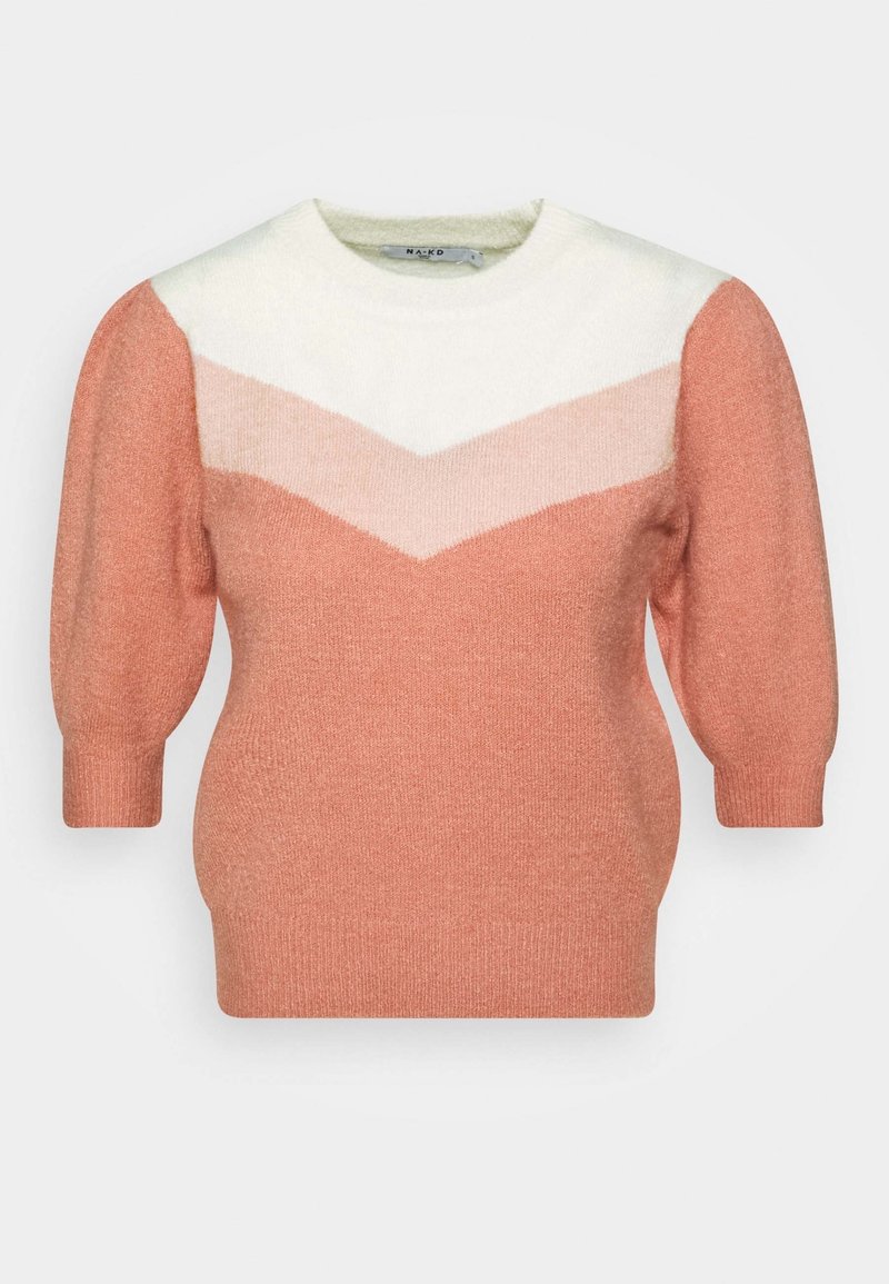 Pull en maille rose et crème avec un col rond, motif chevrons et manches bouffantes. Texture douce, coupe décontractée et poignets côtelés.