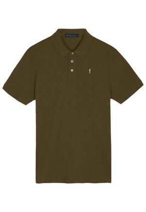 Oliwkowa koszulka polo z krótkim rękawem, trzema guzikami i małym wyhaftowanym logo golfisty na lewej piersi.