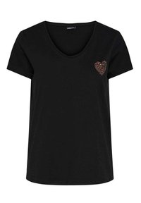 T-shirt noir à manches courtes avec un col en V et un petit détail en forme de cœur en matériau texturé sur le côté gauche. Tissu doux et léger.