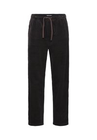 Pantaloni jogger negri din catifea côtelată, cu croială obișnuită, prevăzuți cu talie elastică, șnur reglabil și textură verticală nervurată.