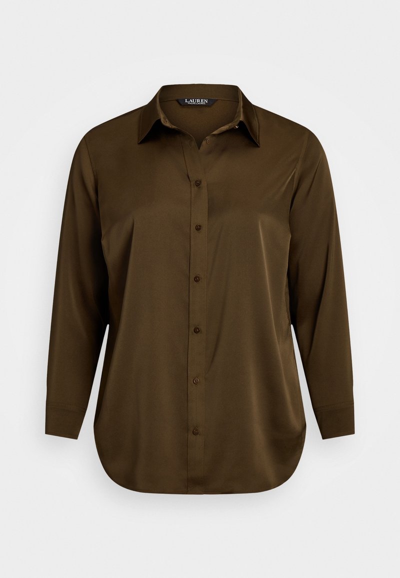 Chemise marron foncé à boutons avec col, manches longues et ourlet arrondi. Fabriquée en tissu lisse, avec des boutons marron.