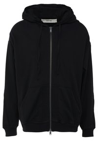Felpa nera con zip, cappuccio regolabile, tasche frontali e polsini a coste. Realizzata in un tessuto morbido con una texture liscia e una vestibilità comoda.